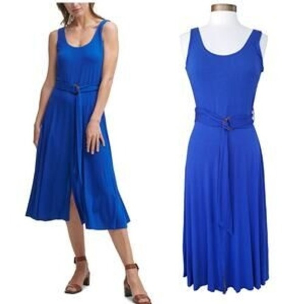 Calvin Klein Womens Royal Blue Belted Midi Fit and Flare Dress Sz 12 NEW Work